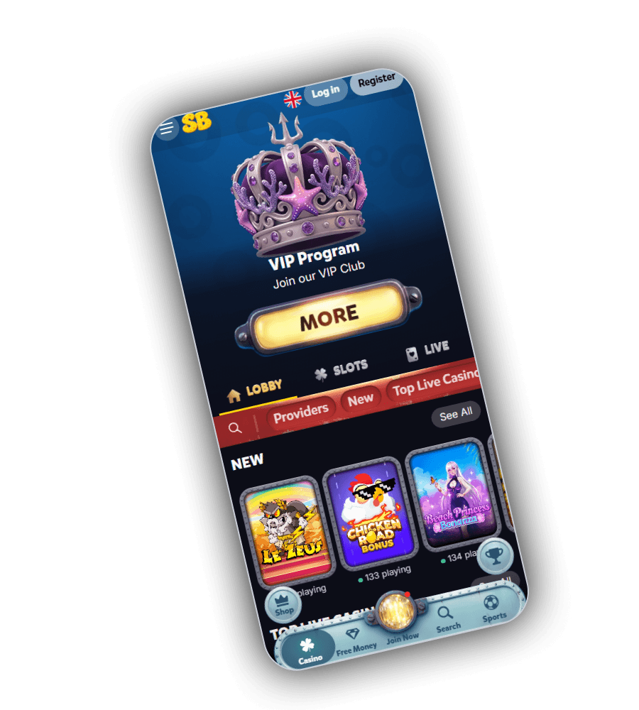 SpinBob lobby with the VIP Program crown, LOBBY, SLOTS and LIVE tabs and the NEW row